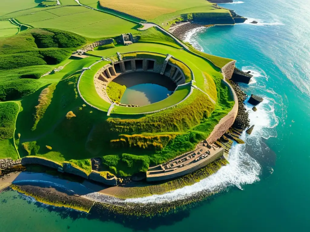 Vista aérea de Skara Brae, legado vikingo en las Islas Órcadas, con estructuras de piedra y mar cristalino bajo el cálido sol