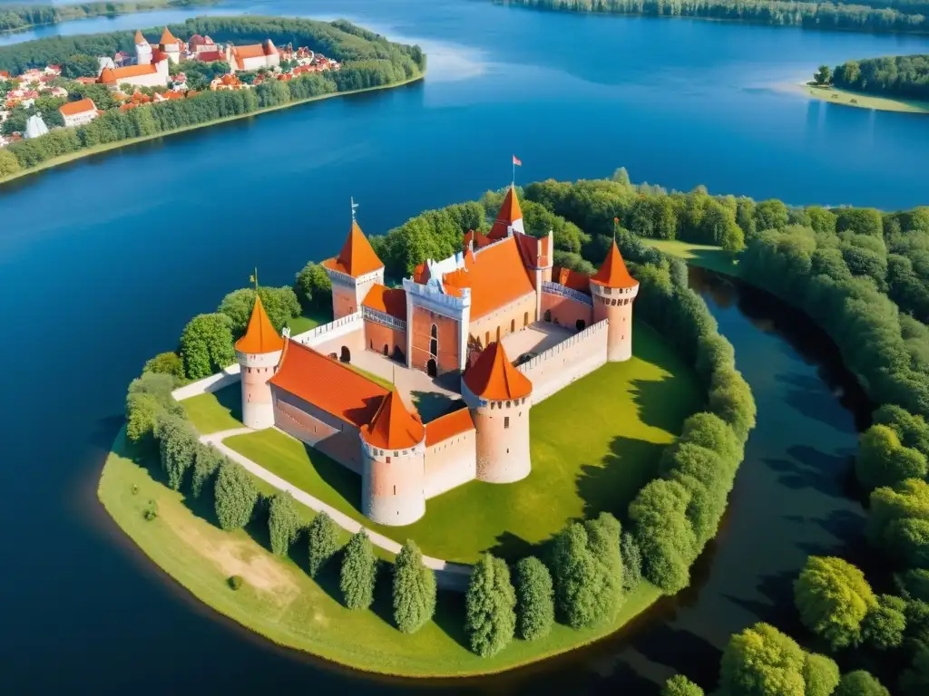 Vista aérea del Castillo de la Isla de Trakai en Lituania, fusionando estilos góticos y renacentistas con influencia nórdica