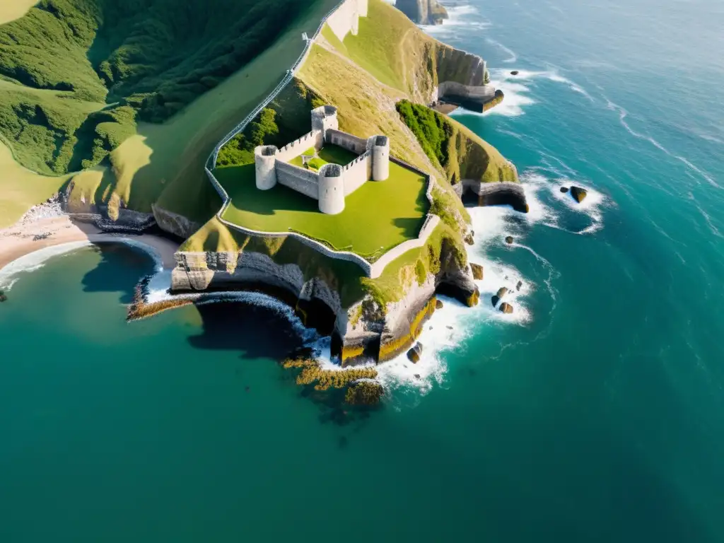 Vista aérea de la costa escarpada con ruinas vikingas entre acantilados y colinas