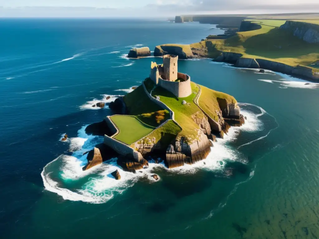 Vista aérea de la costa escarpada con ruinas vikingas y drone moderno