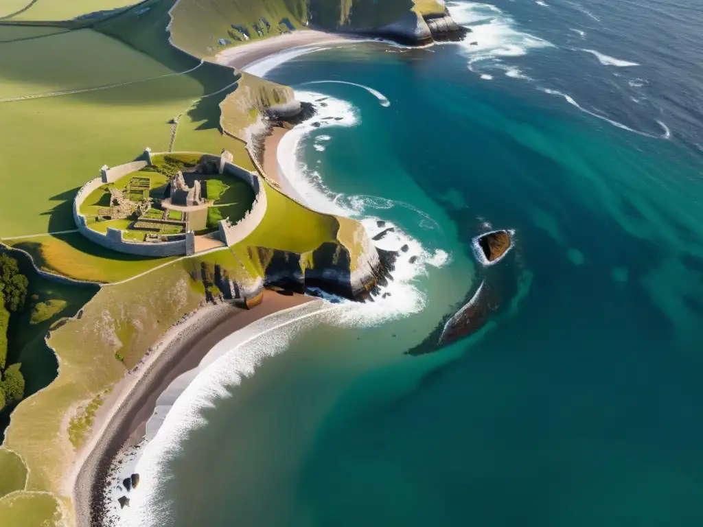 Vista aérea de la costa con restos de asentamiento vikingo, revelando la arqueología vikinga con drones en detalle impresionante