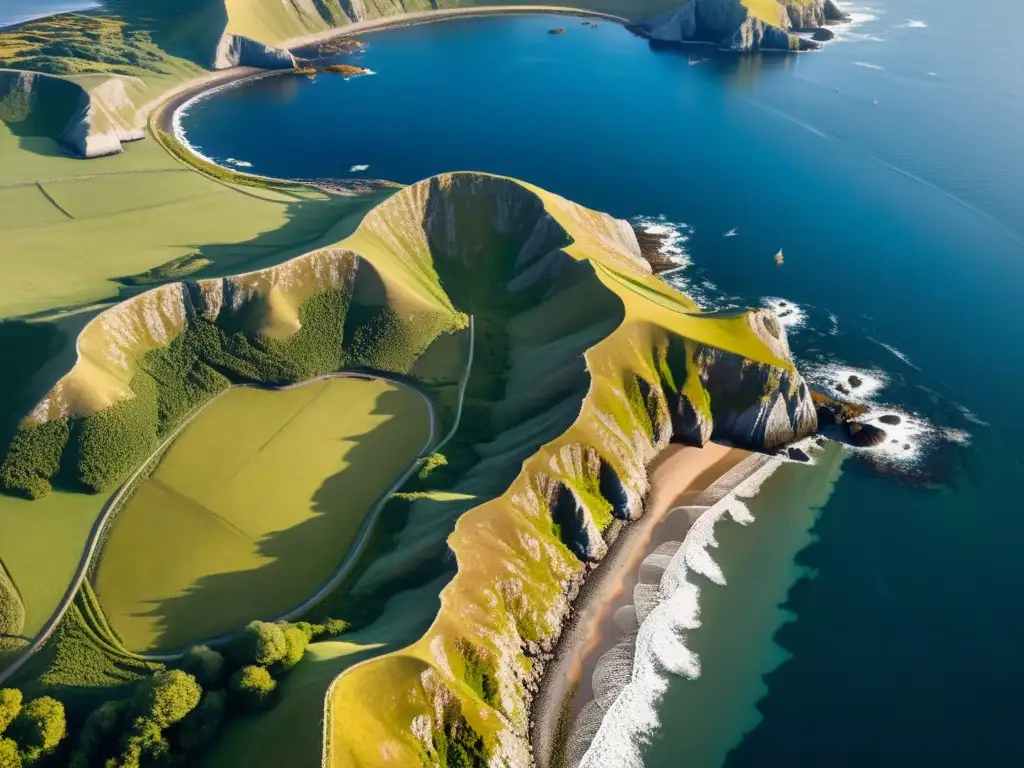 Vista aérea de la costa rugosa con asentamientos vikingos, destacando el análisis de patrones de asentamiento vikingo y su legado histórico