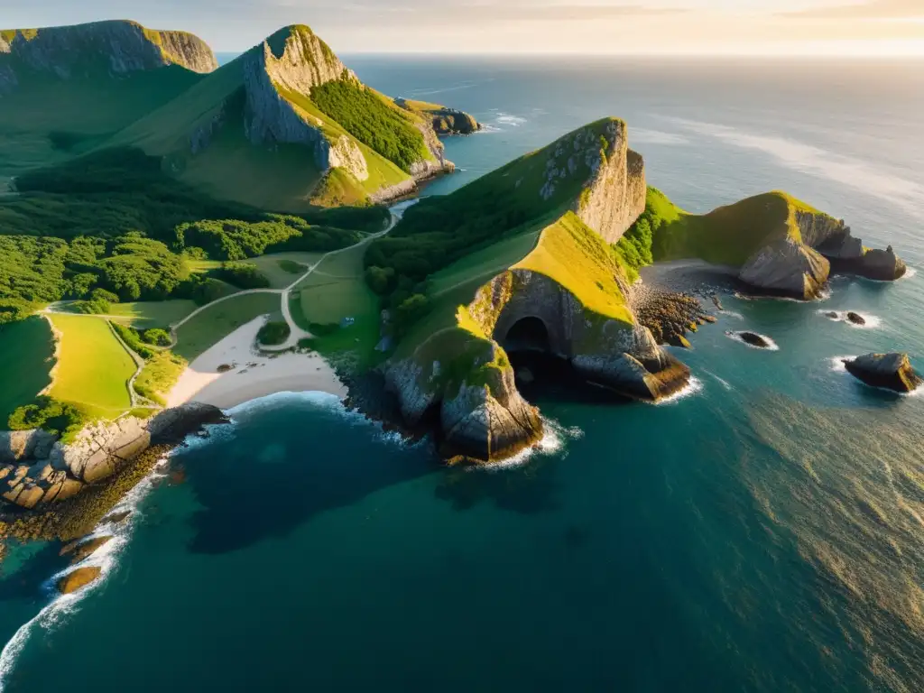 Vista aérea 8k de costa vikinga con ruinas, montañas y naturaleza salvaje