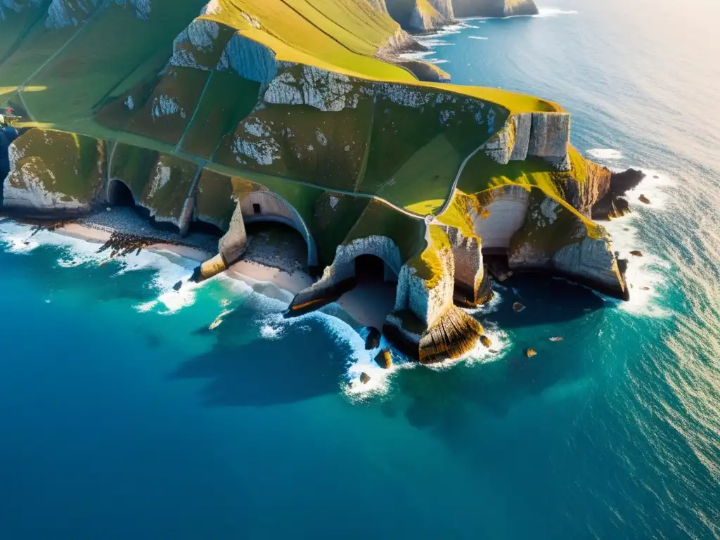 Vista aérea de la costa vikinga con ruinas y arqueología vikinga con drones, revelando tesoros antiguos en contraste con el mar azul