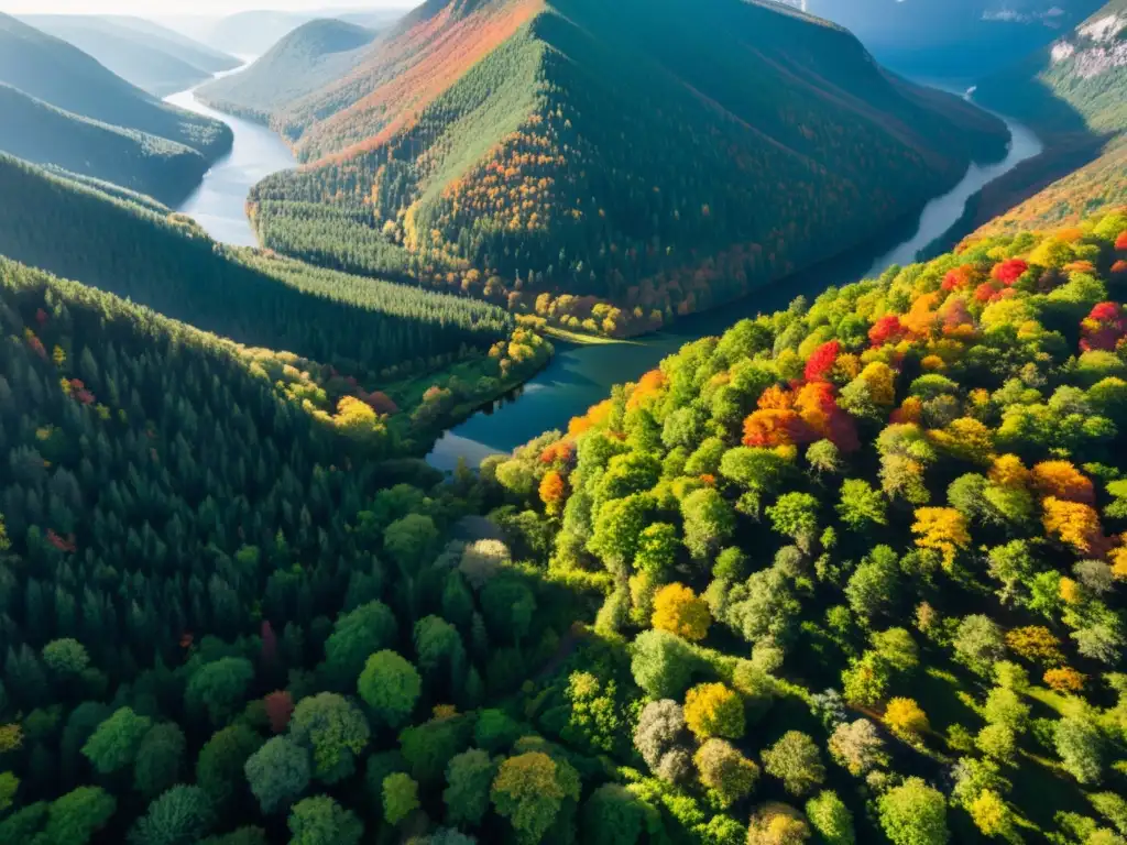 Bosque otoñal desde el aire: colores vibrantes y paisaje impresionante Vista aérea de un denso bosque con colores vibrantes y sombras alargadas