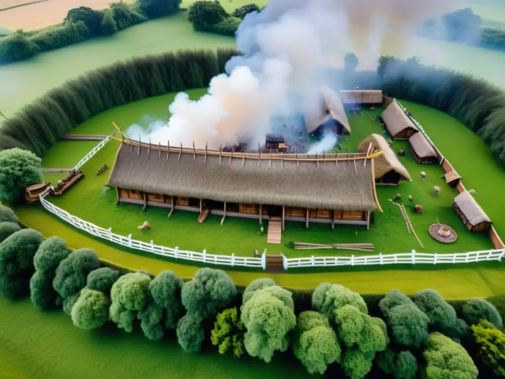 Vista aérea de una detallada reconstrucción de una casa larga vikinga, rodeada de exuberante paisaje verde