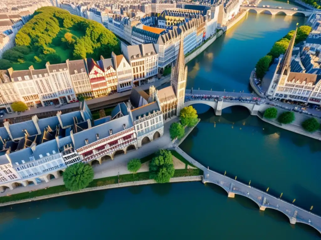 Vista aérea detallada de la histórica ciudad de Rouen en Normandía, destacando la fusión de arquitectura vikinga y normanda