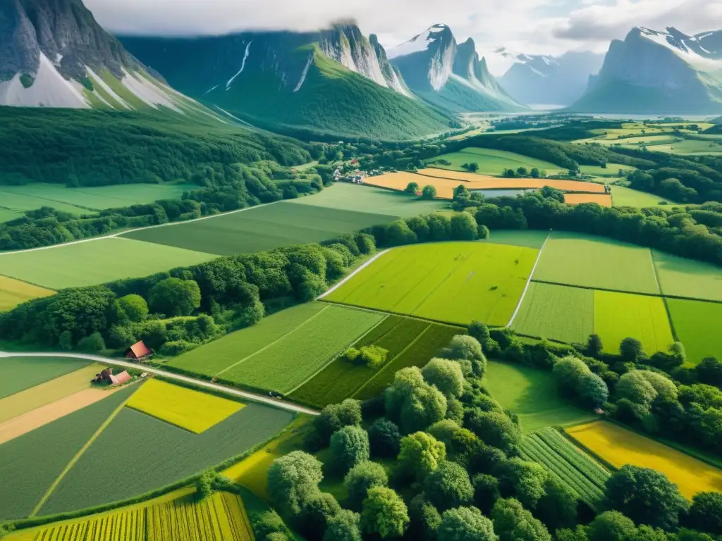 Paisaje agrícola vikingo: armonía entre naturaleza y cultivo Vista aérea detallada de la gestión de tierras vikinga para agricultura en un paisaje verde exuberante con agricultores y montañas al fondo