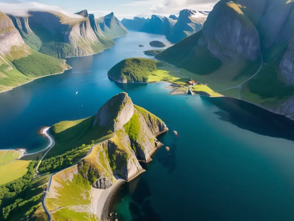 Vista aérea de fiordo escandinavo con estructuras vikingas en acantilados, destaca conservación de zonas costeras