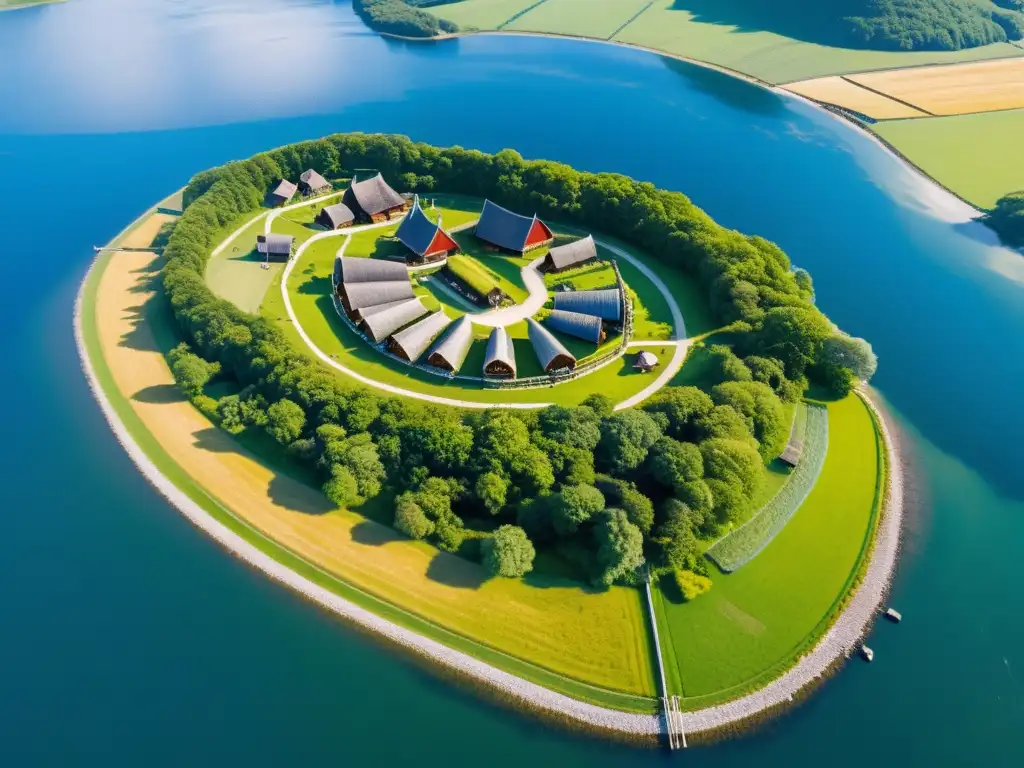 Vista aérea impactante de Hedeby, asentamiento vikingo, con casas, mercado, murallas y un barco vikingo navegando