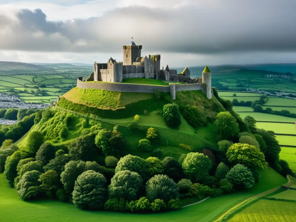 Vista aérea impresionante del antiguo y majestuoso Rocadragón en Irlanda, evocando historia y misterio en Locaciones de Vikings en Irlanda