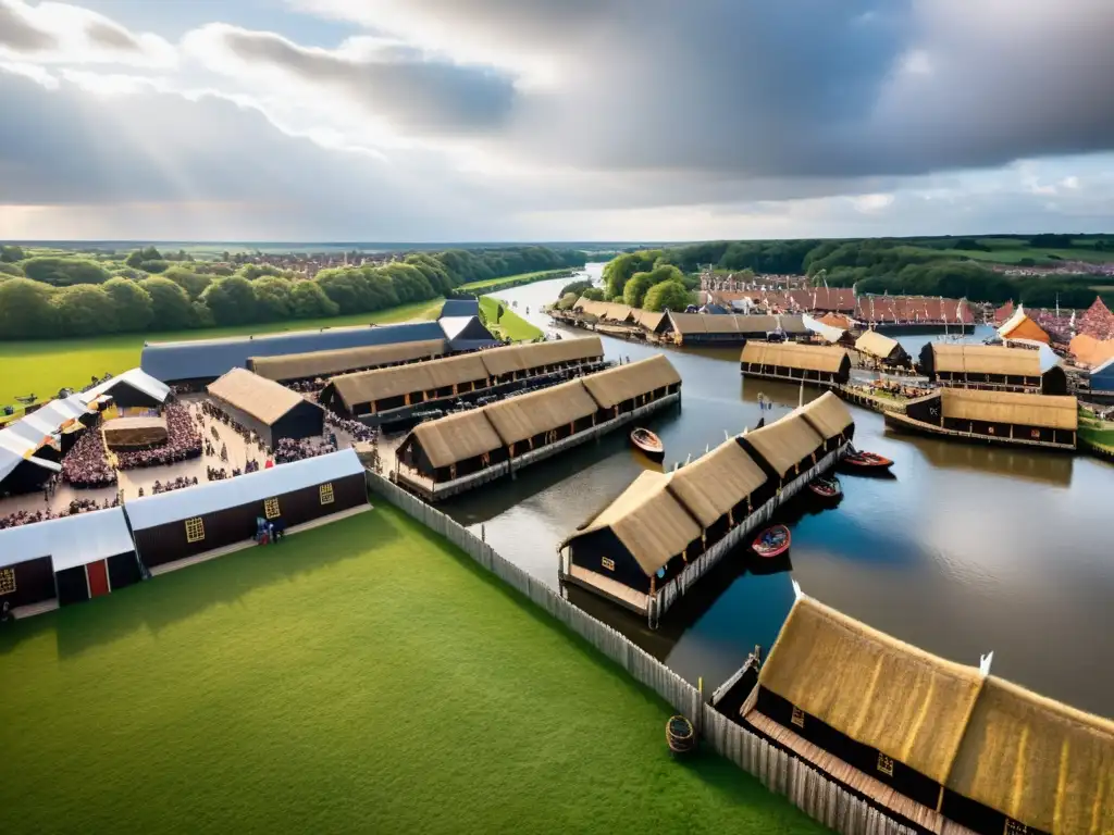 Una vista aérea impresionante del asentamiento vikingo de Jorvik en York, Inglaterra, destacando edificios de madera reconstruidos, mercados bulliciosos y barcos vikingos atracados en el río Ouse