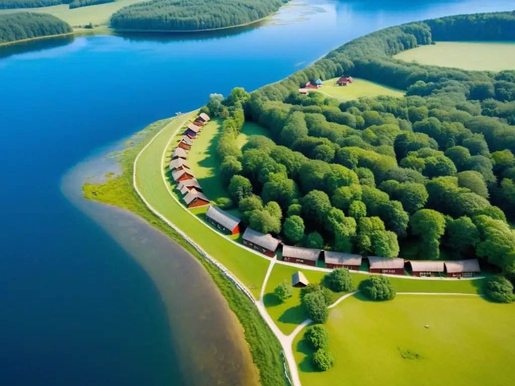 Vista aérea impresionante de asentamientos vikingos en Escandinavia, con casas largas reconstruidas y paisaje verde exuberante