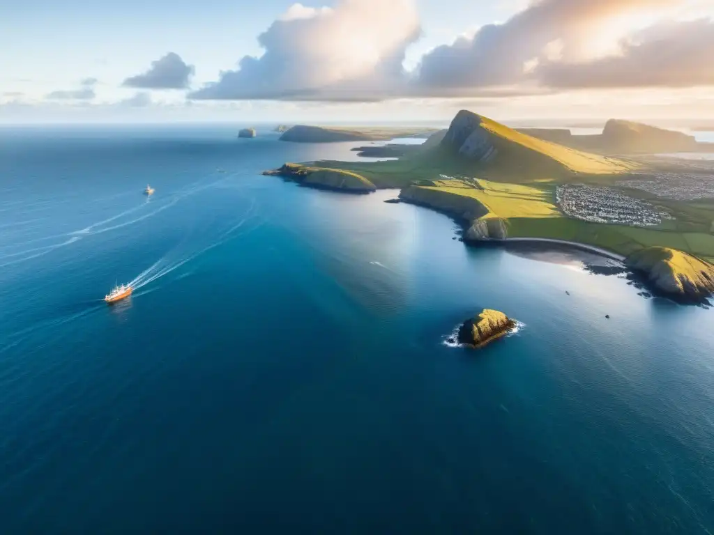 Vista aérea impresionante de la costa rugosa, asentamientos vikingos y longships