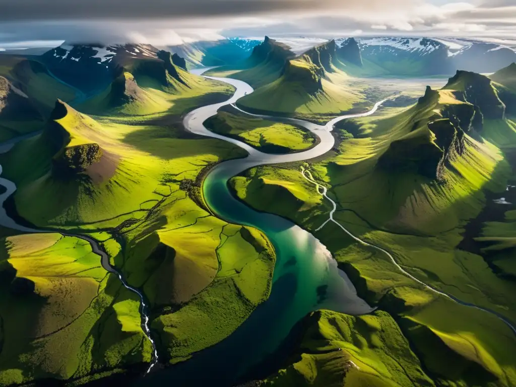 Vista aérea impresionante del paisaje islandés con montañas nevadas, glaciares y ríos, bajo la aurora boreal