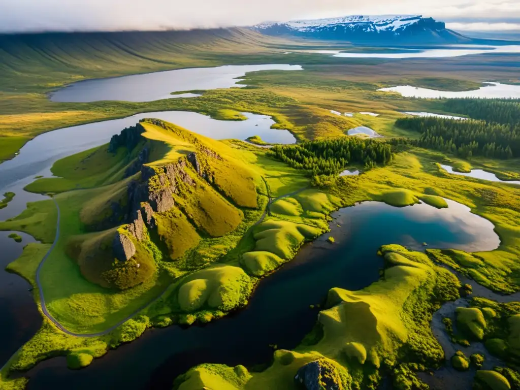 Vista aérea impresionante del Parque Nacional Thingvellir en Islandia, destacando el paisaje agreste con montañas nevadas, un extenso valle de rift y un lago tranquilo