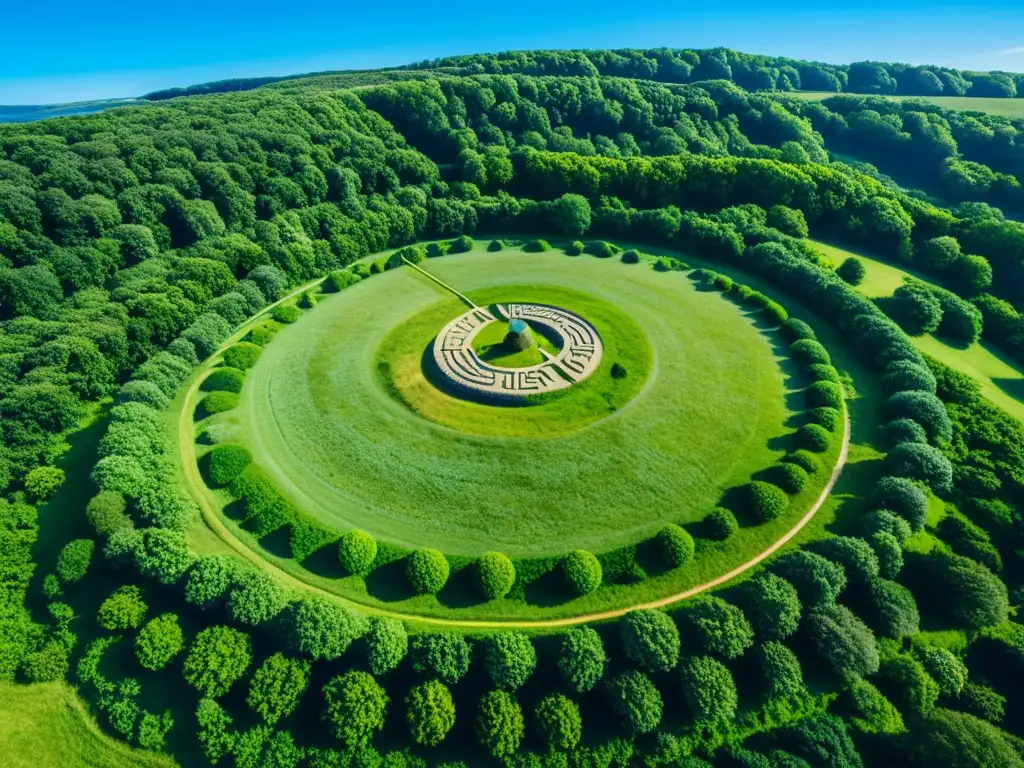 Vista aérea impresionante de un sitio funerario vikingo con túmulos y piedras rúnicas entre vegetación exuberante y cielo azul