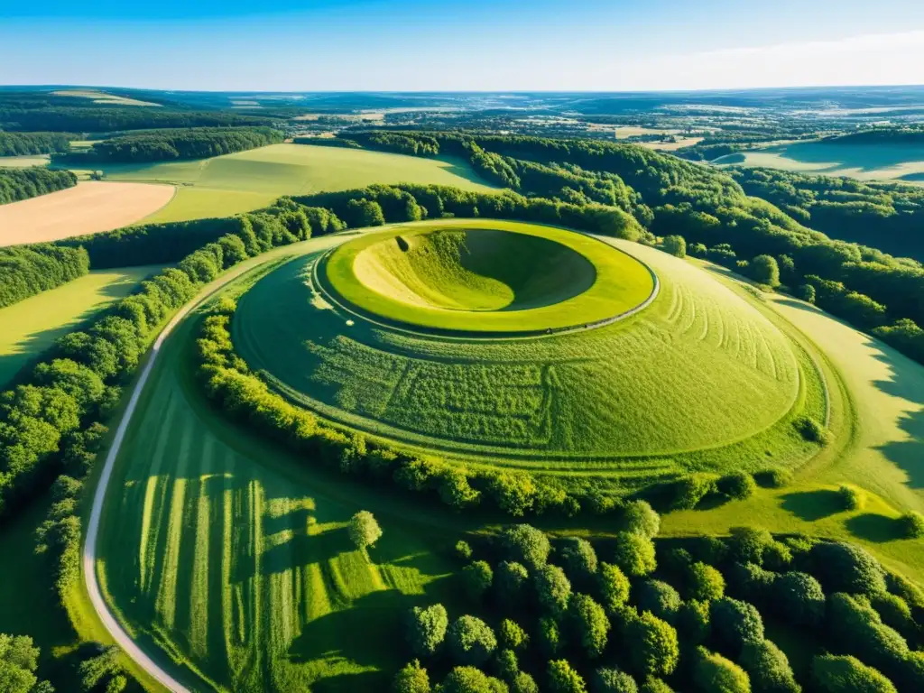 Vista aérea impresionante de los túmulos funerarios vikingos en Gamla Uppsala, Suecia, evocando la serenidad y misticismo del sitio histórico