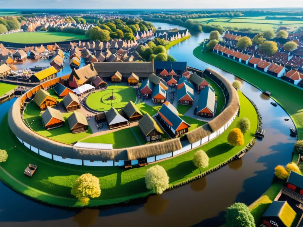 Vikingos en York: legado histórico y modernidad fusionados Vista aérea impresionante de la colonización vikinga en las Islas Británicas en Jorvik, York, con casas de paja, calles de mercado y barcos vikingos