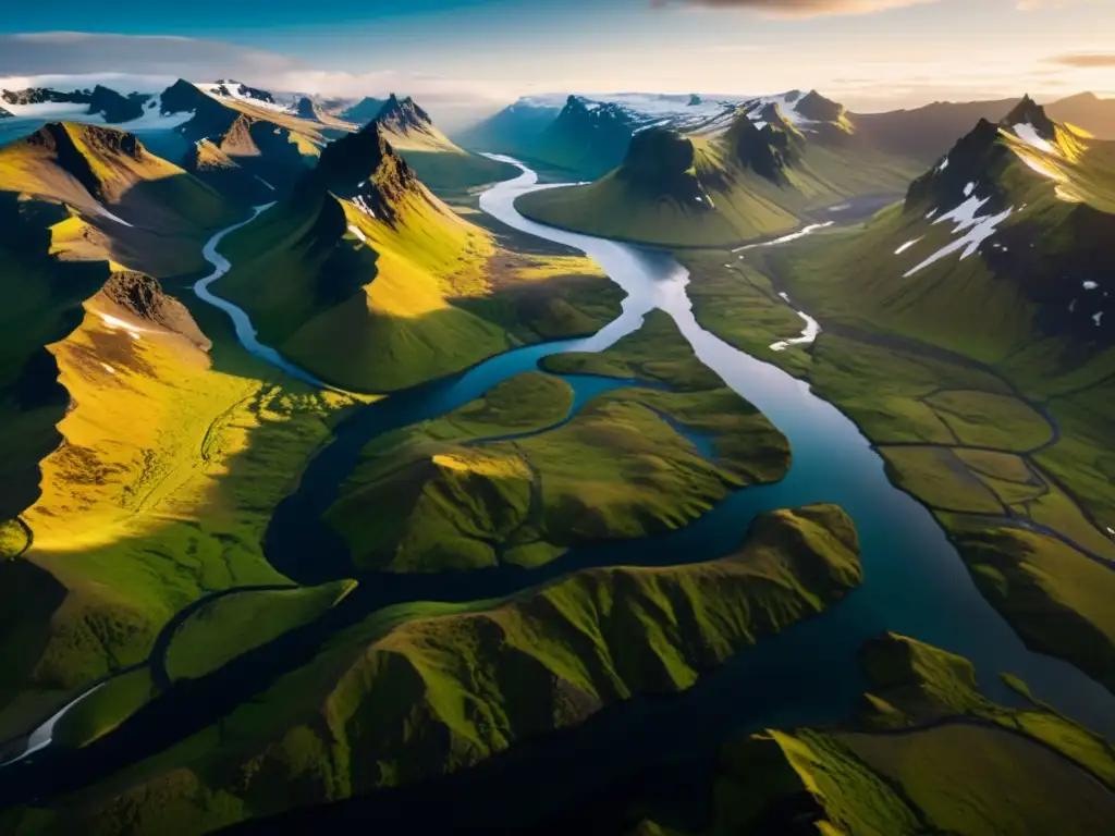 Vista aérea de Islandia con montañas nevadas, glaciares y ríos bajo el sol de medianoche