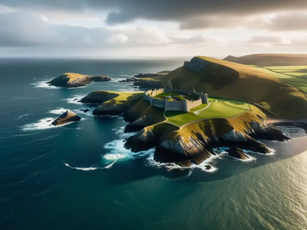 Vista aérea de paisaje costero vikingo, protegido por drones