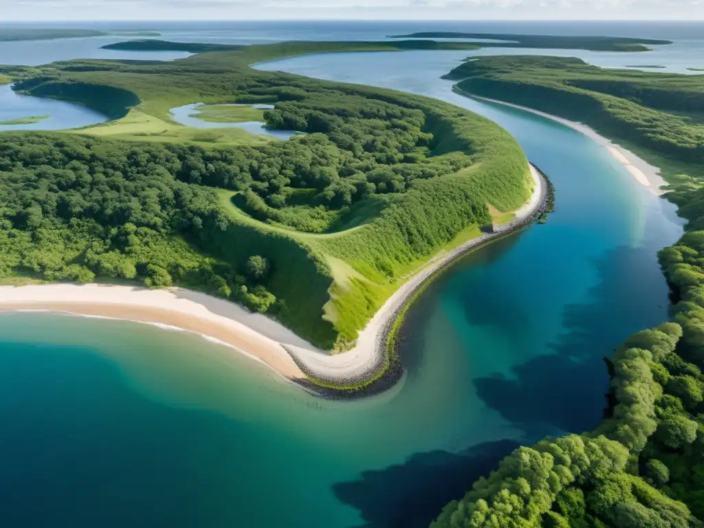 Vista aérea de paisaje costero exuberante con río serpenteante y bosques densos, evocando la serenidad de la excavación de barcos funerarios vikingos