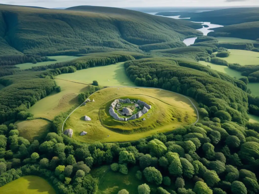 Vista aérea de paisaje nórdico con artefactos enterrados misteriosos, evocando historia y misterio