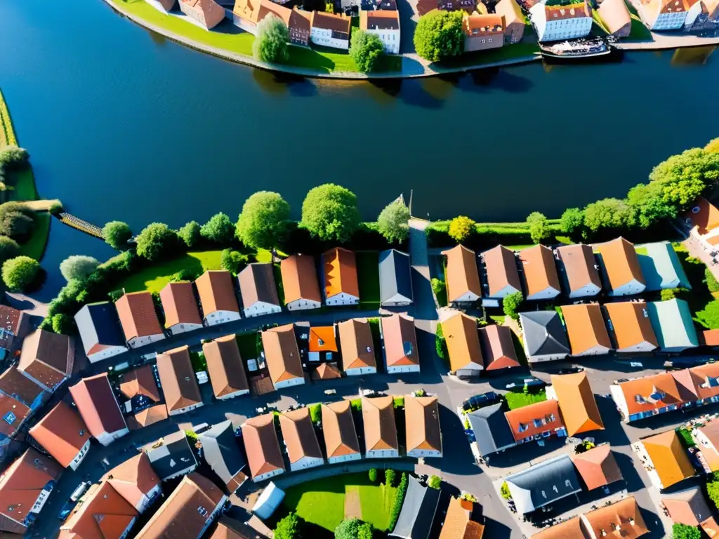 Vista aérea de Ribe, ciudad más antigua Dinamarca, calles empedradas y edificios coloridos junto al río