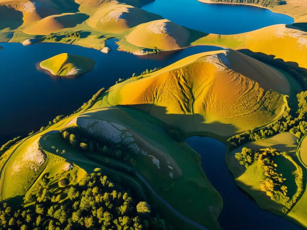 Vista aérea de tumbas vikingas antiguas en paisaje escandinavo al atardecer