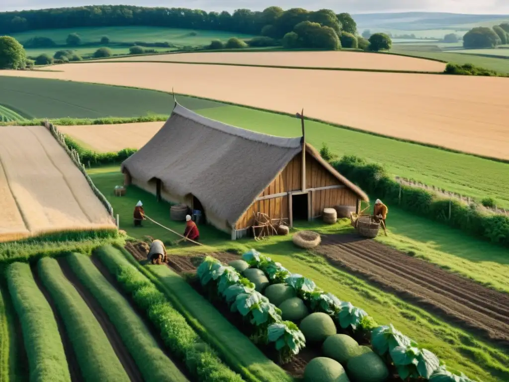 Vista de una casa larga vikinga rodeada de tierras fértiles, donde agricultores usan herramientas tradicionales como arados de madera y guadañas