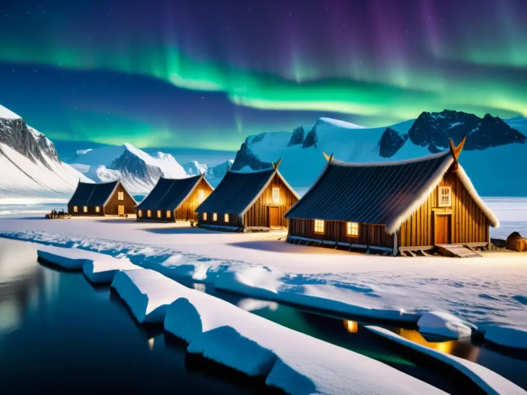 Vista detallada de un asentamiento vikingo en Groenlandia con sus casas y barcos, bajo la aurora boreal