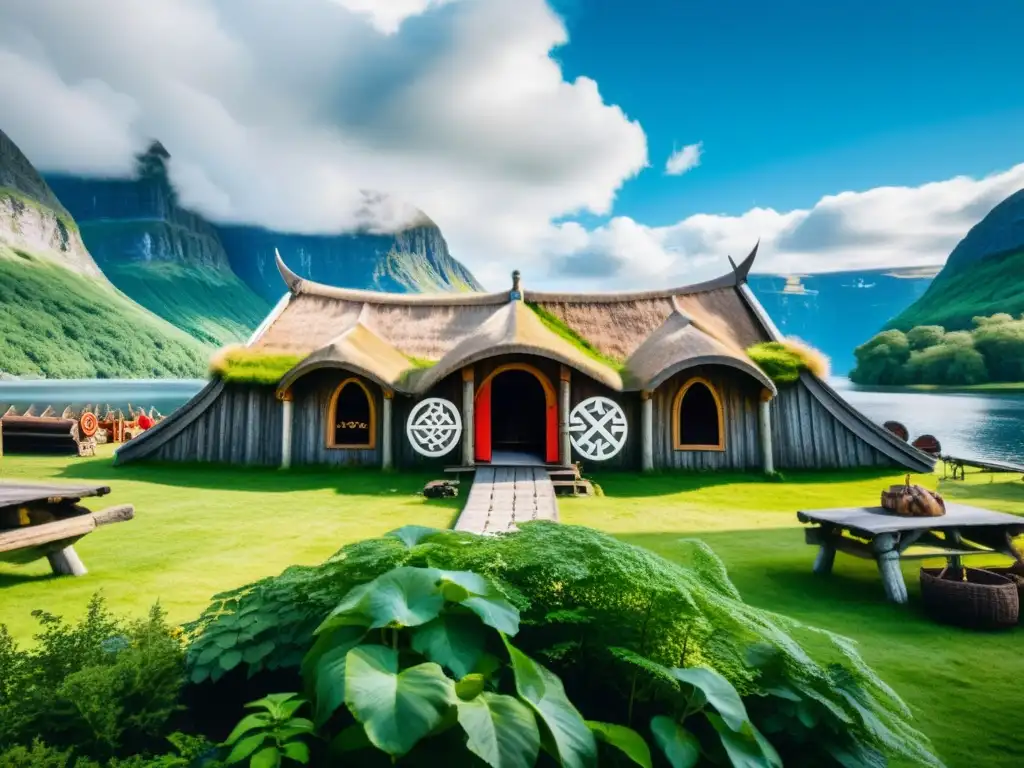 Vista detallada de una casa vikinga en un fiordo escandinavo, rodeada de vegetación exuberante bajo un cielo azul brillante