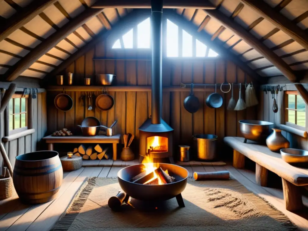 Vista detallada de un interior de casa vikinga, con muebles tallados, fogón central y armas dispersas