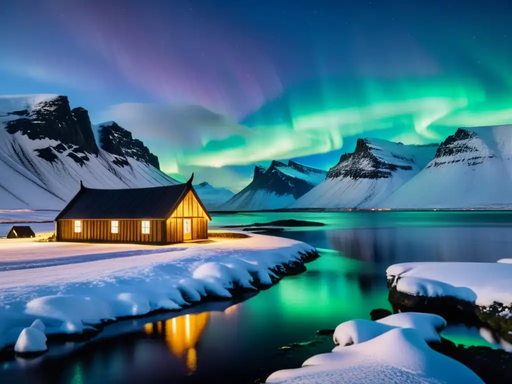 Vista épica de un fiordo islandés con auroras boreales y legado vikingo en Islandia