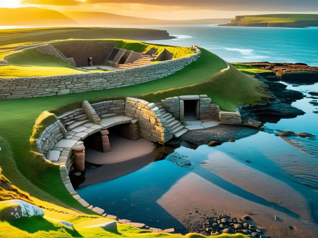 Vista impresionante del atardecer sobre las antiguas ruinas de Skara Brae, mostrando el legado vikingo en las Islas Órcadas