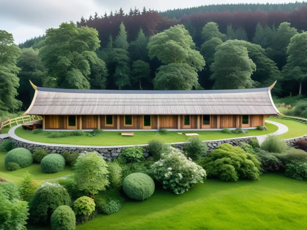 Vista panorámica de una casa vikinga con techo verde en armonía con la naturaleza