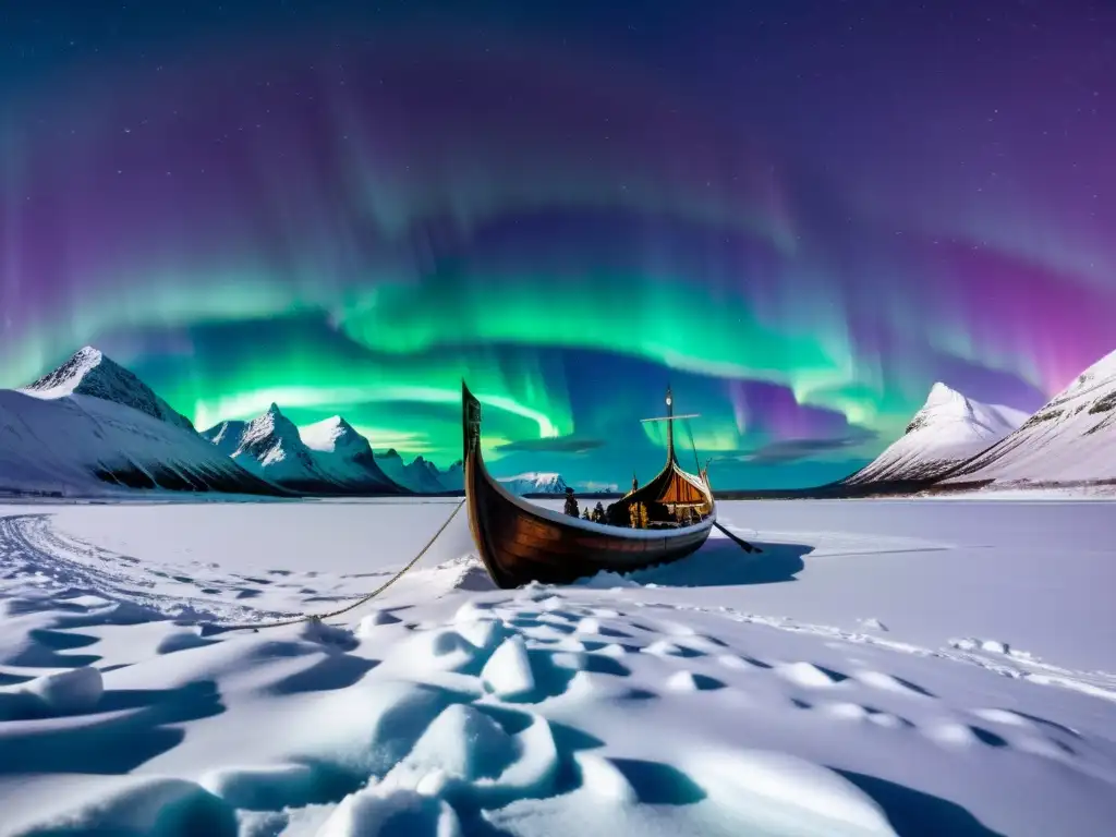 Una vista panorámica de un paisaje nórdico nevado bajo la aurora boreal, con un barco vikingo y runas antiguas