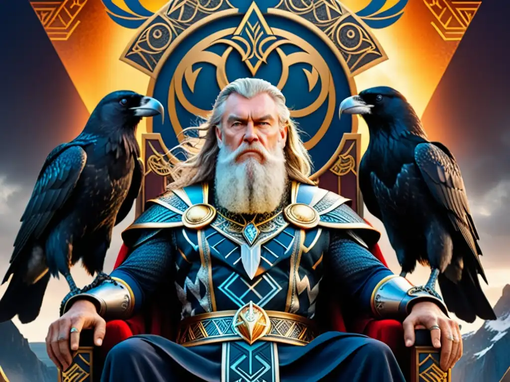 Representación visual de la mitología nórdica en arte: Odin en su trono en Asgard, con sus dos cuervos y su lanza Gungnir