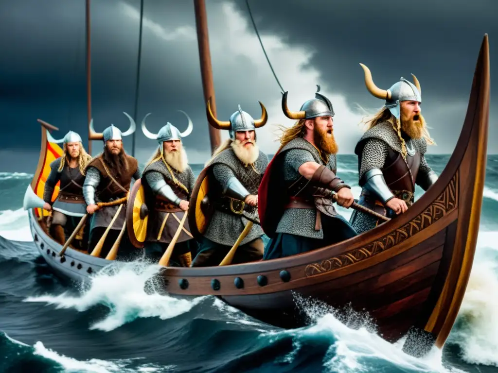 Narración visual en tapices vikingos: Guerreros vikingos en un drakkar en mares turbulentos, con determinación y fuerza