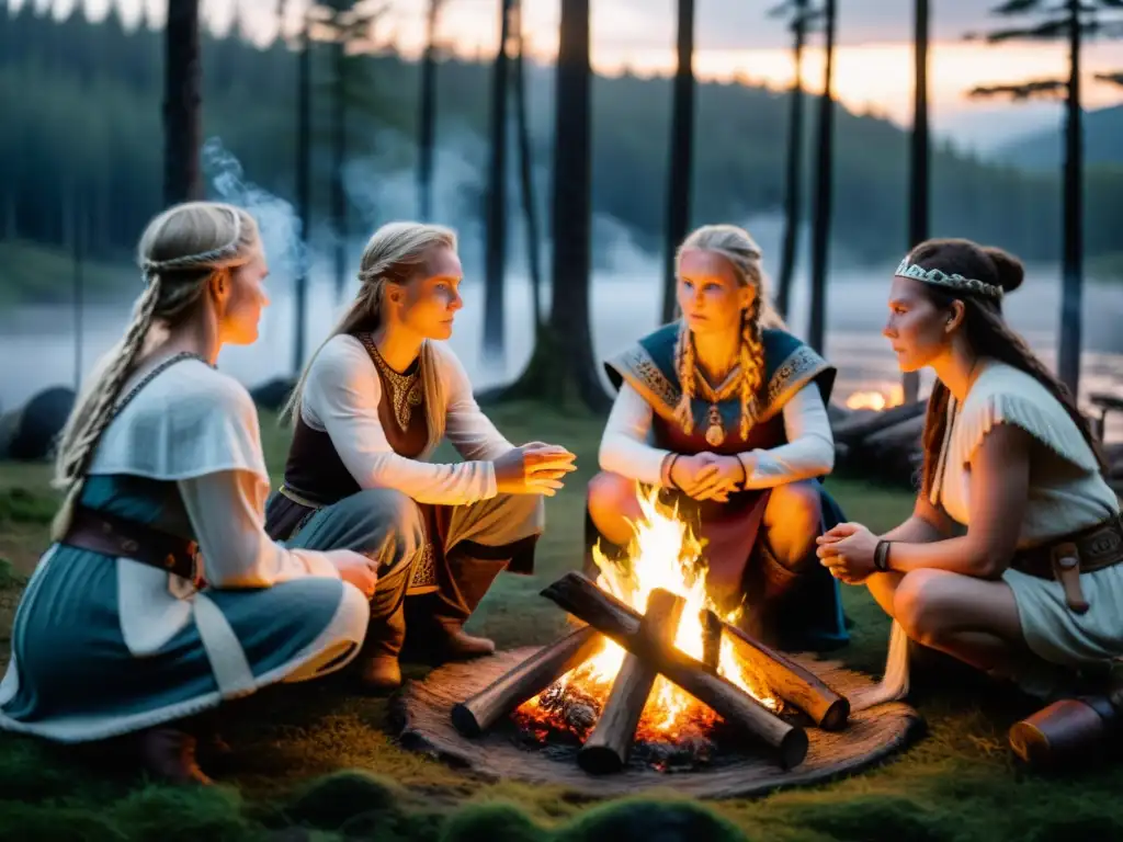 Völvas vikingas en ritual místico, lanzando runas en torno al fuego sagrado en el bosque brumoso